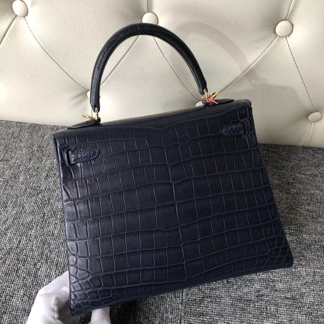 Hermès（爱马仕）Kelly 25cm Crocodile matt 雾面鳄鱼 深海蓝 Blue indgo 金扣 定制