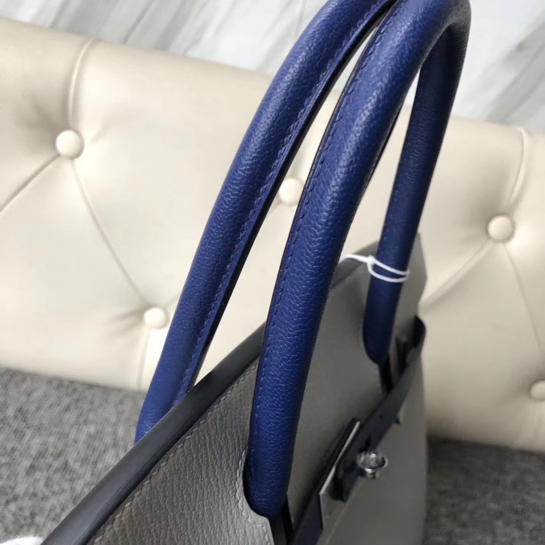 Hermès（爱马仕）Birkin 30cm 山羊皮  珍珠灰拼宝石蓝 银扣 马蹄印 定制