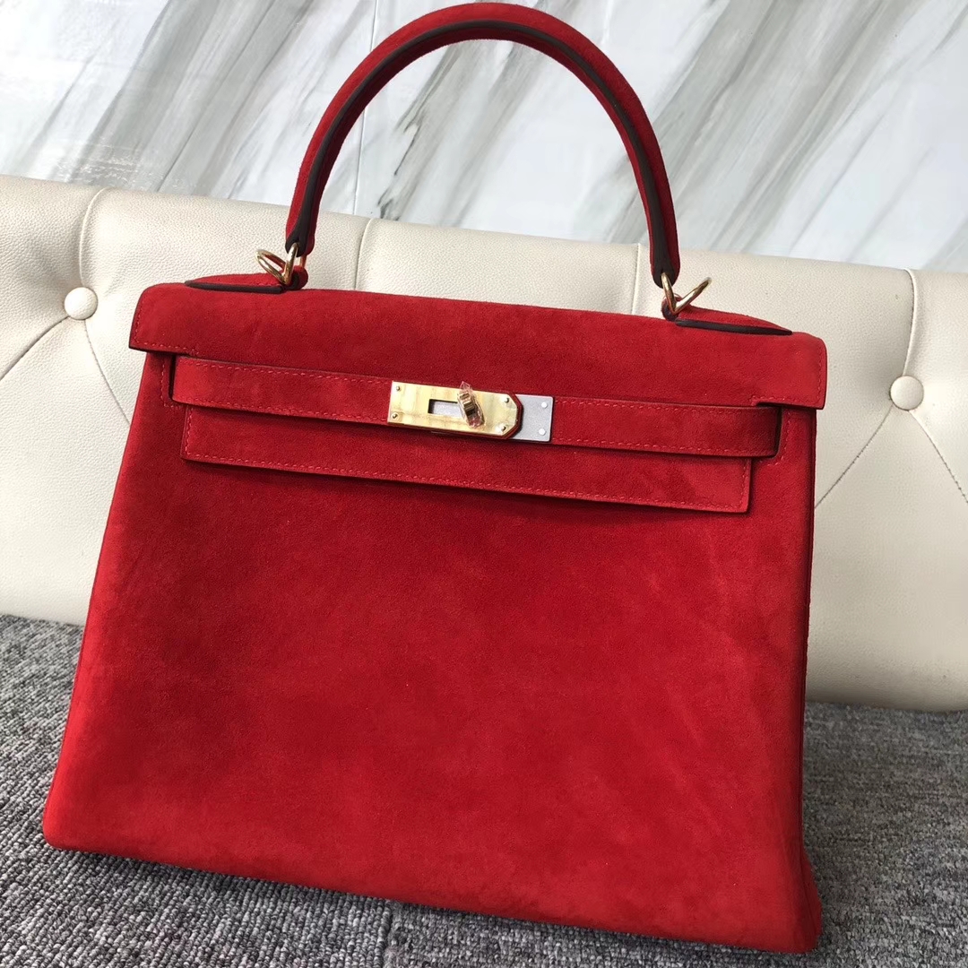 Hermès（爱马仕）kelly 28cm 麂皮 Q5 国旗红 rouge casaque 金扣 顶级手缝
