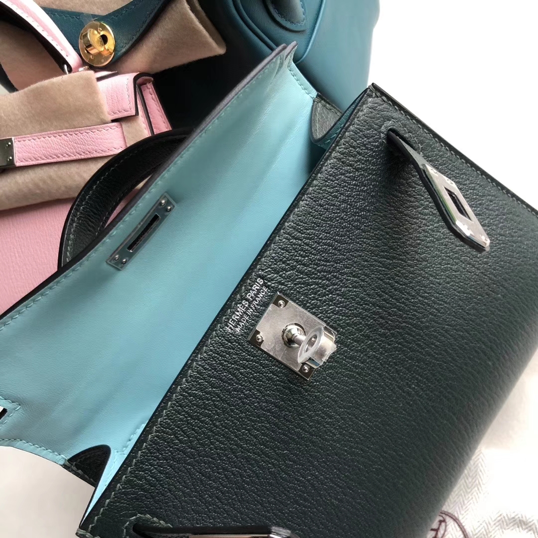 Hermès（爱马仕）Mini Kelly 2 山羊 6o 柏树绿 内拼圣西尔蓝 银扣 定制