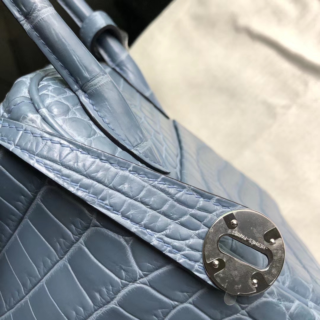 Hermès（爱马仕）Lindy 26cm Crocodile matt 雾面鳄鱼 雾霾蓝 银扣 顶级手缝 定制