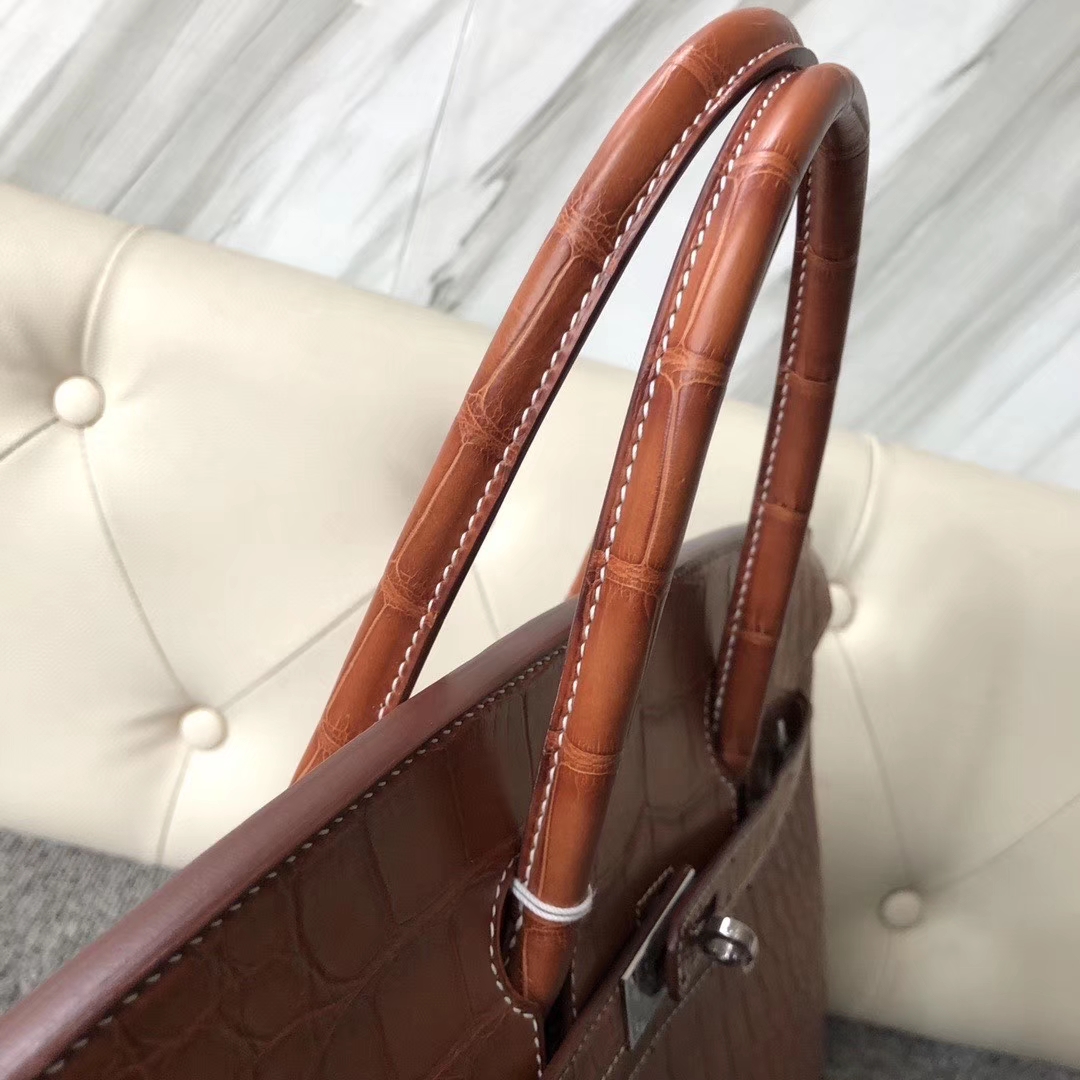 Hermès（爱马仕）Birkin 35cm Alligator matt 雾面鳄鱼 棕色 白色线 银扣 顶级手缝 定制