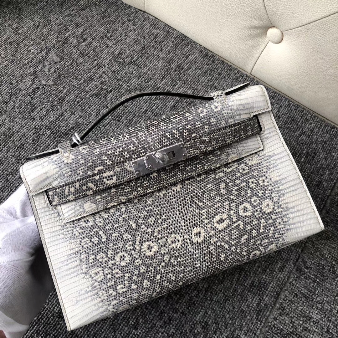 Hermès（爱马仕）Mini kelly pochette 22cm Lizard 进口亮面蜥蜴 小喜马拉雅色 银扣 手拿包 晚宴包