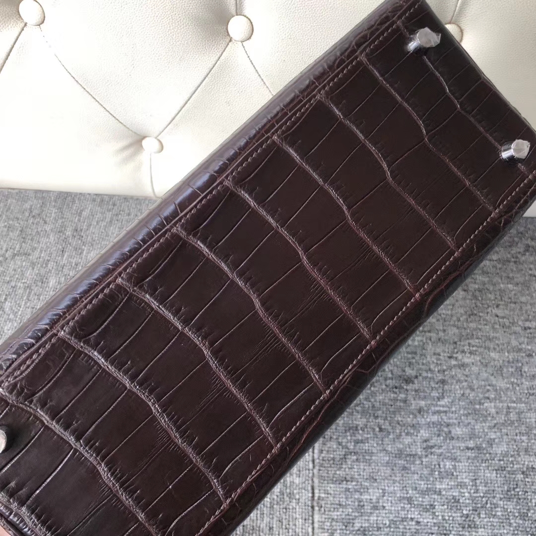 Hermès（爱马仕）Kelly 28cm Crocodile matt 雾面鳄鱼 巧克力色 咖啡色 银扣 顶级手缝