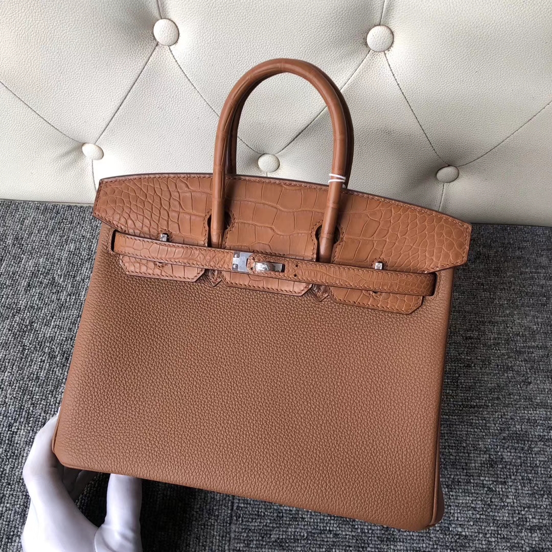 Hermès（爱马仕）Touch 系列 Birkin 25cm 金棕色 拼雾面棕色鳄鱼 银扣 顶级手缝  现货