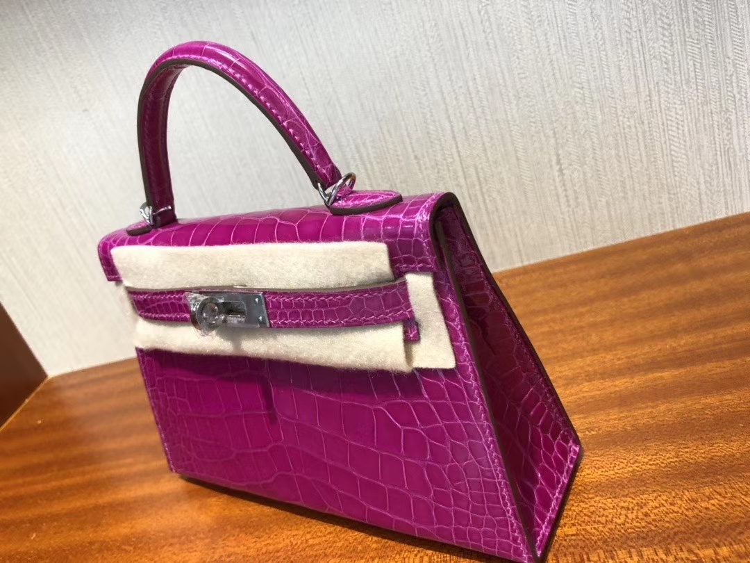 Hermès（爱马仕）Mini kelly 2 Alligator shiny 亮面鳄鱼 J5 天方夜谭粉紫  银扣 顶级手缝 现货