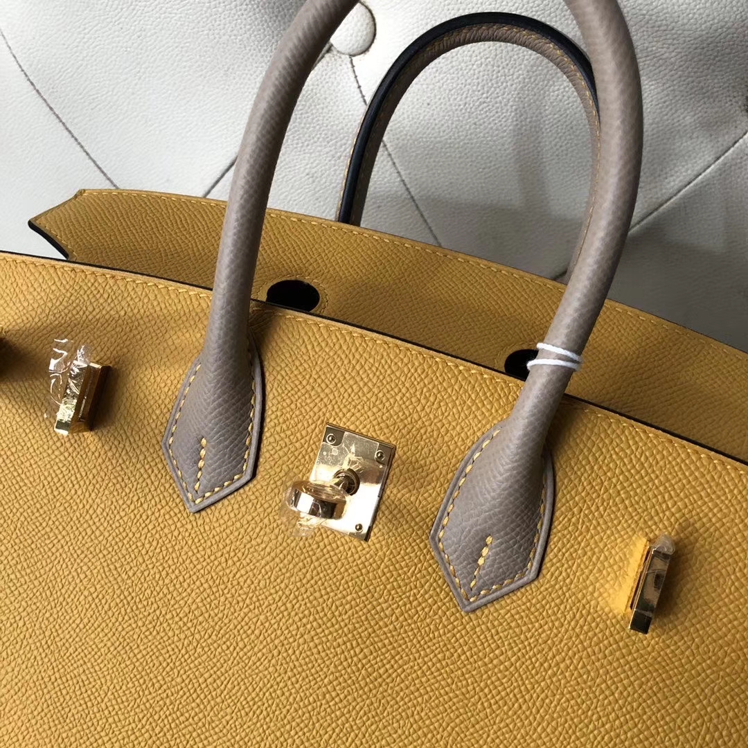 Hermès（爱马仕）Birkin 25cm Epsom 原厂掌纹皮 9Ｄ 琥珀黄 拼 M8 沥青灰Gris ashpite 金扣 马蹄印