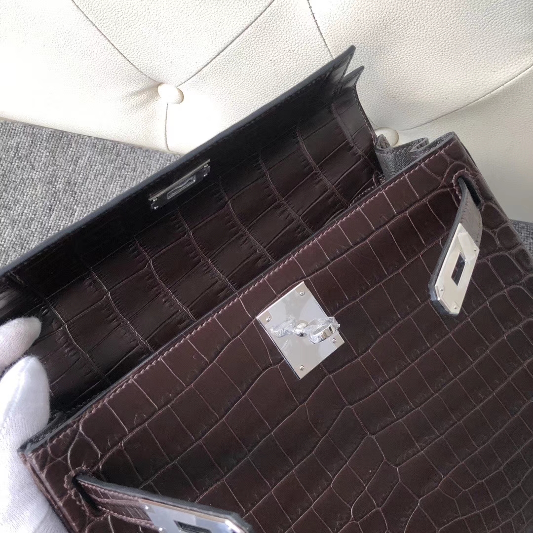 Hermès（爱马仕）Kelly 28cm Crocodile matt 雾面鳄鱼 巧克力色 咖啡色 银扣 顶级手缝