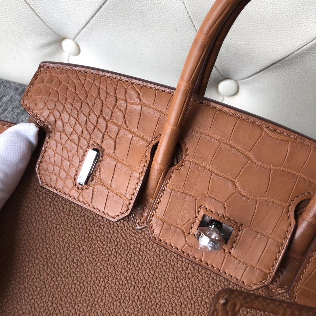 Hermès（爱马仕）Touch 系列 Birkin 25cm 金棕色 拼雾面棕色鳄鱼 银扣 顶级手缝  现货