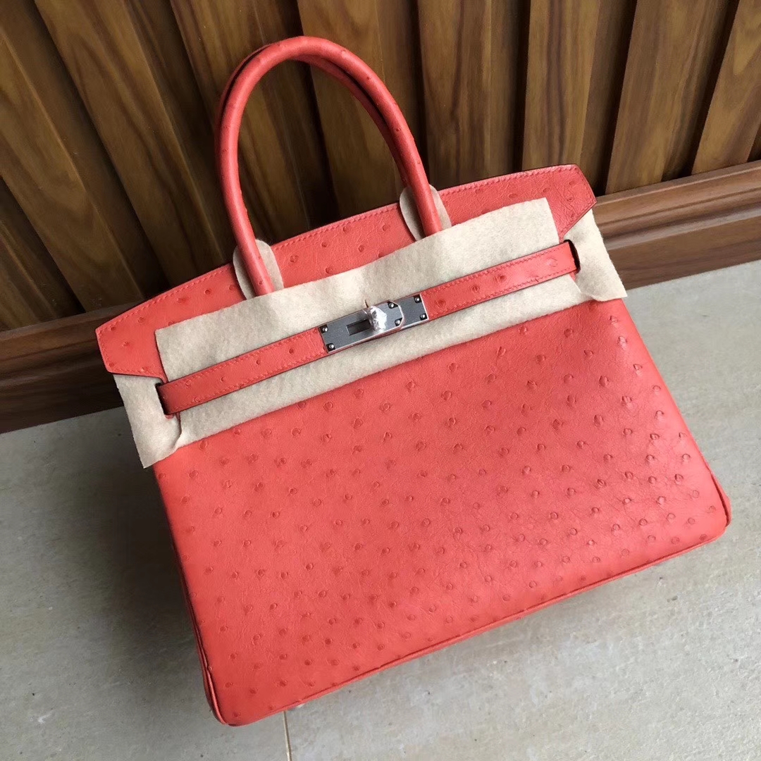 Hermès（爱马仕）Birkin 30cm Ostrich kk鸵鸟 A5 杜鹃红 银扣 顶级手缝
