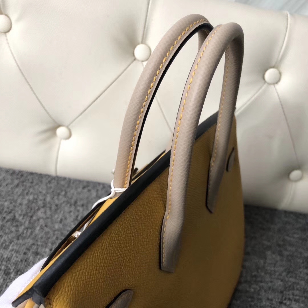 Hermès（爱马仕）Birkin 25cm Epsom 原厂掌纹皮 9Ｄ 琥珀黄 拼 M8 沥青灰Gris ashpite 金扣 马蹄印