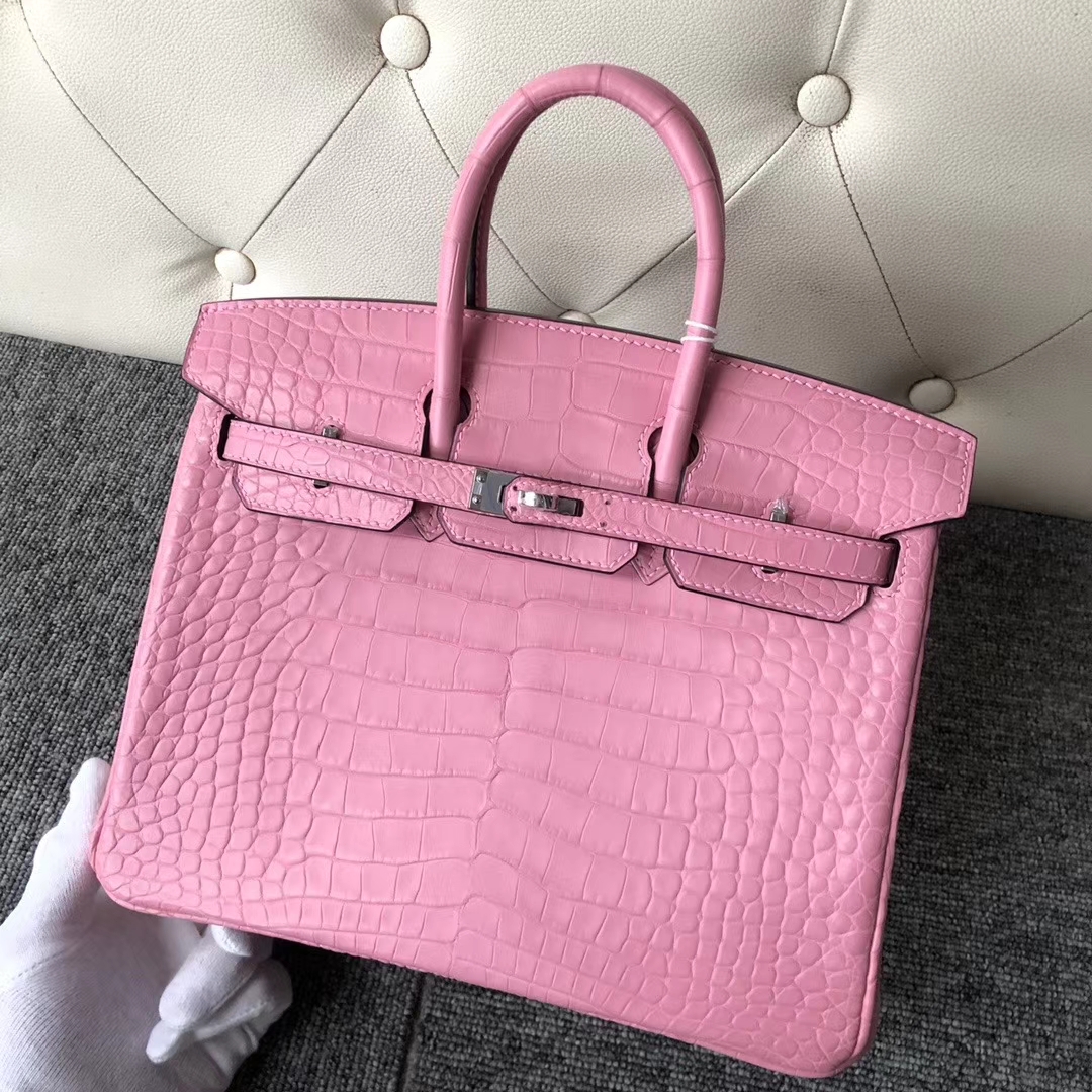 Hermès（爱马仕）Birkin 25cm Crocodile matt 雾面鳄鱼 5p 樱花粉 银扣 顶级手缝