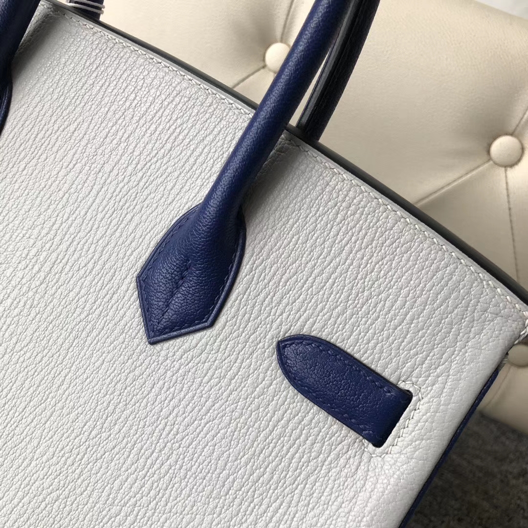 Hermès（爱马仕）Birkin 30cm 山羊皮  珍珠灰拼宝石蓝 银扣 马蹄印 定制