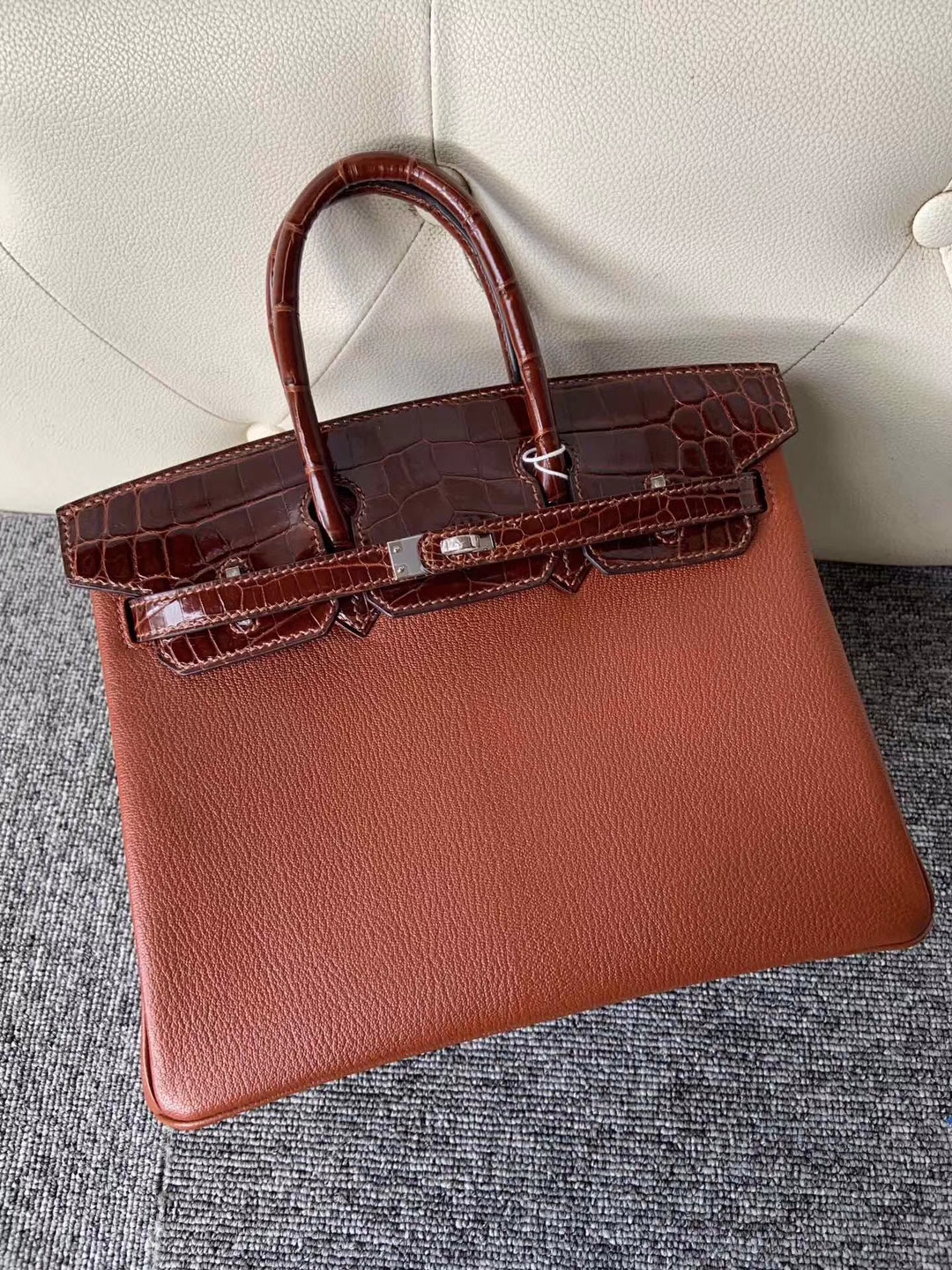 Hermès（爱马仕）Touch 系列 Birkin 25cm 山羊皮 ck31 蜜糖棕 拼鳄鱼蜜糖棕 银扣
