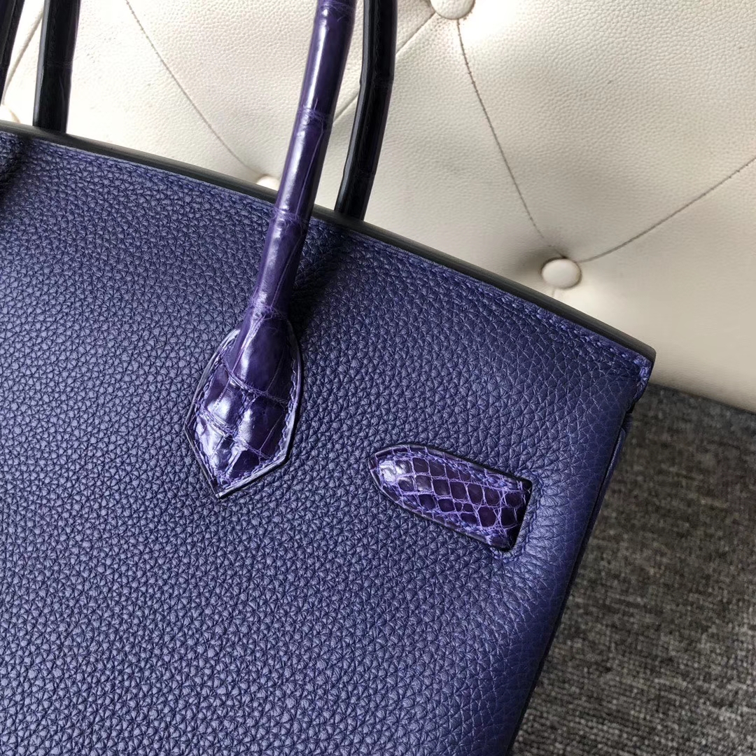 Hermès（爱马仕）Touch 系列 Birkin 30cm 墨水蓝拼鳄鱼 银扣 顶级手缝 定制