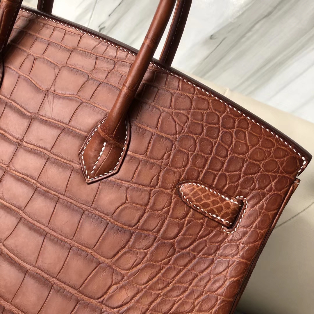 Hermès（爱马仕）Birkin 35cm Alligator matt 雾面鳄鱼 棕色 白色线 银扣 顶级手缝 定制