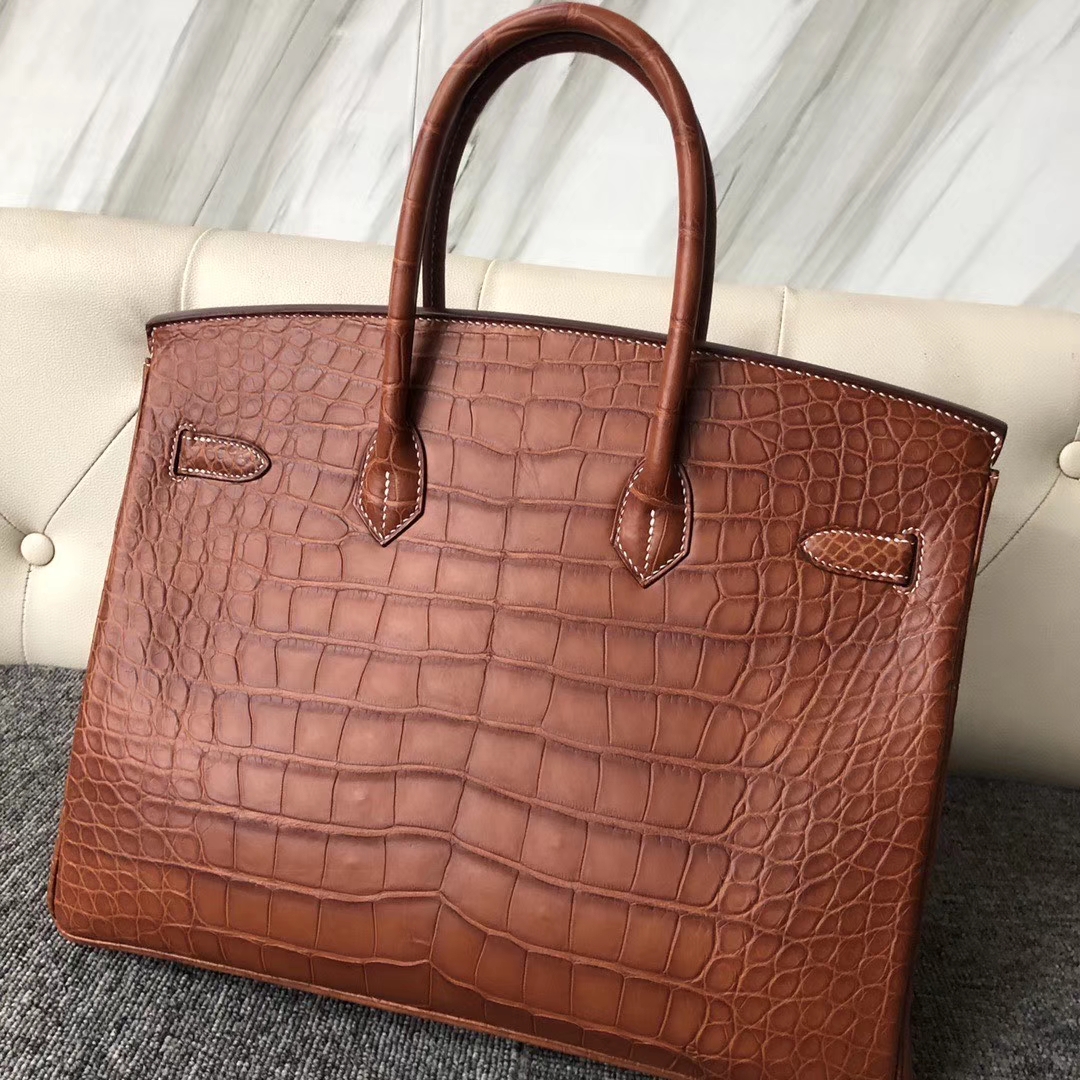 Hermès（爱马仕）Birkin 35cm Alligator matt 雾面鳄鱼 棕色 白色线 银扣 顶级手缝 定制