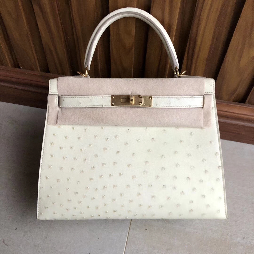 Hermès（爱马仕）Kelly 28cm Ostrich kk鸵鸟 3C 羊毛白 金扣 顶级手缝