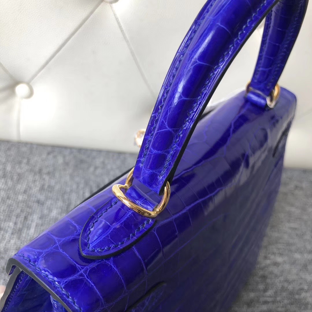 Hermès（爱马仕）Kelly 25cm Crocodile shiny 亮面鳄鱼 7T 电光蓝 Blue eletric 金扣 顶级手缝 拱珠皮