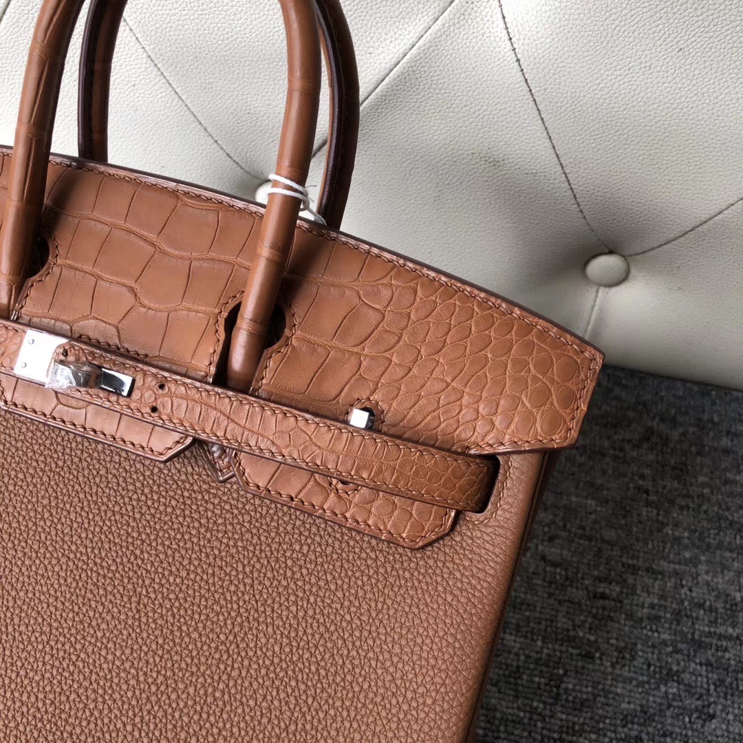 Hermès（爱马仕）Touch 系列 Birkin 25cm 金棕色 拼雾面棕色鳄鱼 银扣 顶级手缝  现货