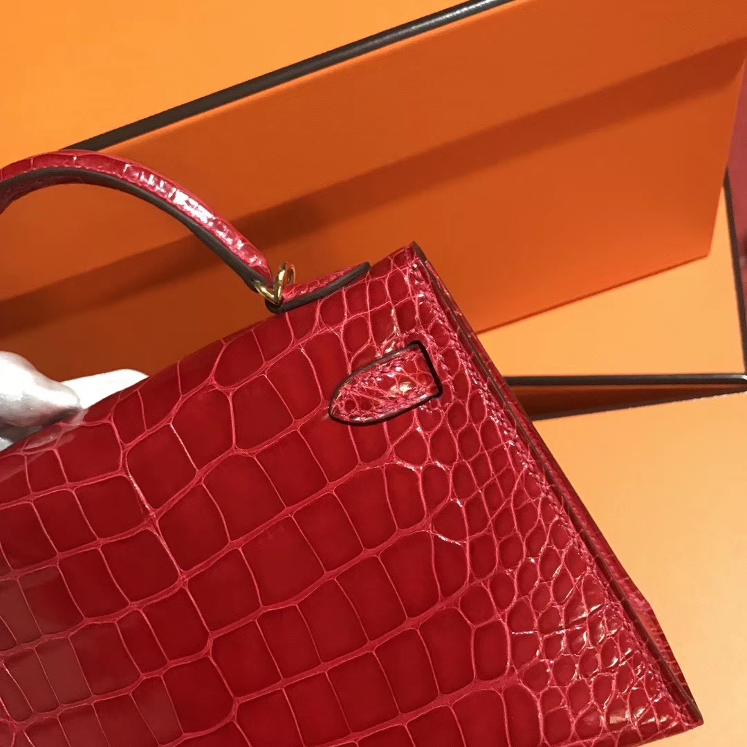 Hermès（爱马仕）Mini kelly ll Alligator shiny 亮面鳄鱼 ck 95 法拉利红 Braose 金扣 现货