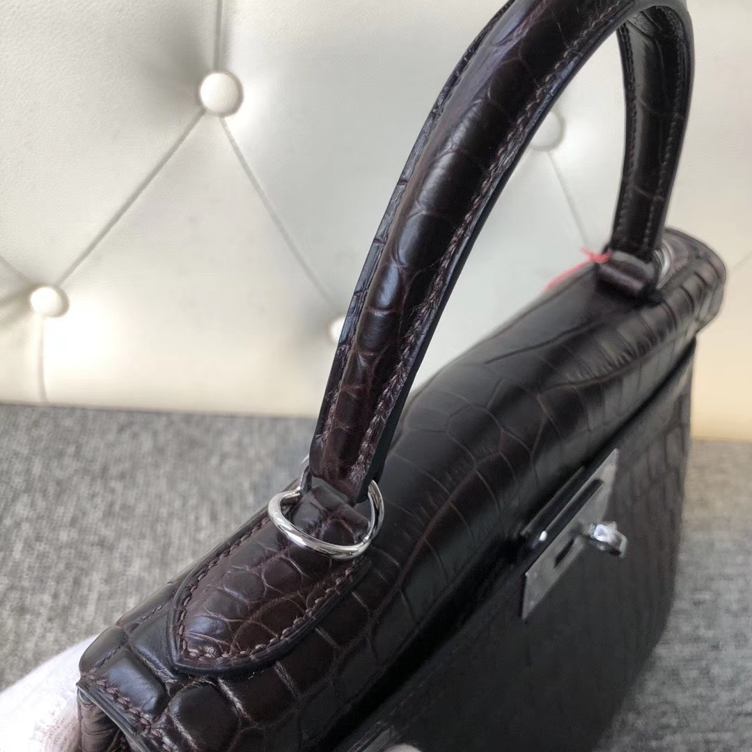 Hermès（爱马仕）Kelly 28cm Crocodile matt 雾面鳄鱼 巧克力色 咖啡色 银扣 顶级手缝