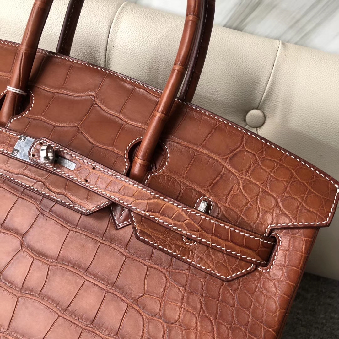 Hermès（爱马仕）Birkin 35cm Alligator matt 雾面鳄鱼 棕色 白色线 银扣 顶级手缝 定制