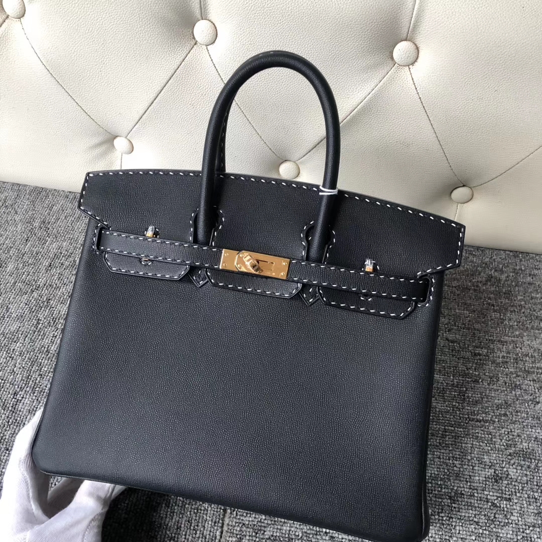 Hermès（爱马仕）Birkin 25cm GM皮 miss u 系列  ck89 黑色 金扣 黑白线 顶级手缝