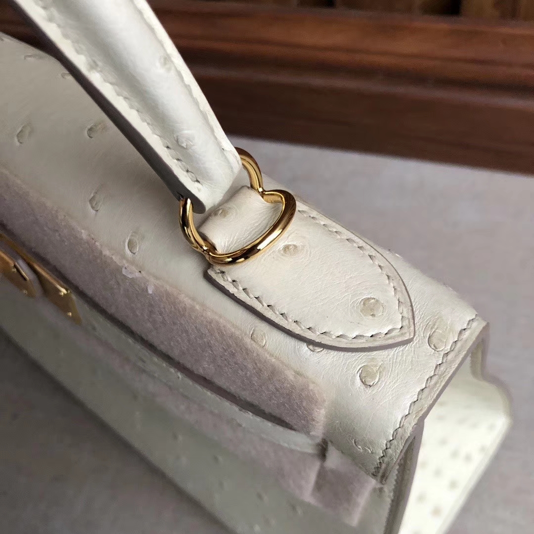 Hermès（爱马仕）Kelly 28cm Ostrich kk鸵鸟 3C 羊毛白 金扣 顶级手缝