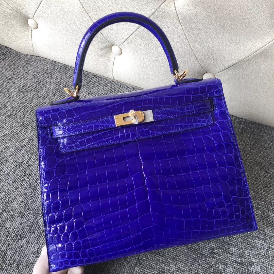 Hermès（爱马仕）Kelly 25cm Crocodile shiny 亮面鳄鱼 7T 电光蓝 Blue eletric 金扣 顶级手缝 拱珠皮