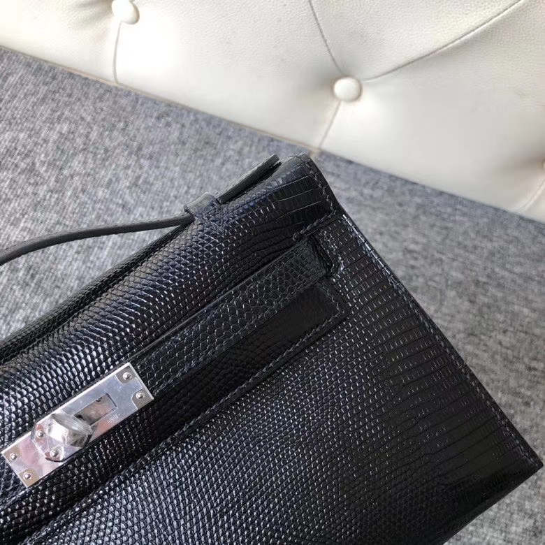 Hermès（爱马仕）Mini kelly pochette 22cm Lizard 进口亮面蜥蜴 ck89 黑色 Noir 银扣 顶级手缝