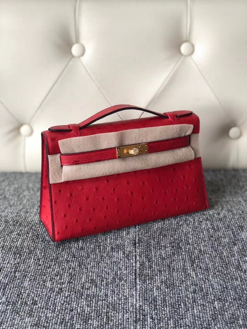 Hermès(爱马仕)Mini kelly pochette 22cm Ostrich kk 鸵鸟 Q5 国旗红 金扣 顶级手缝 现货-拉尔森鳄鱼皮具定制 - 爱马仕包包官网 Hermès(爱马仕)Mini kelly pochette 22cm Ostrich kk 鸵鸟 Q5 国旗红 金扣 顶级手缝 现货