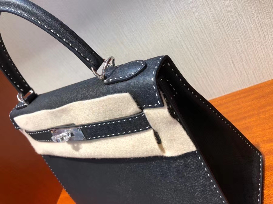 Hermès（爱马仕）限量款 Kelly 新皮种 Graine Monsieur ck89 黑色 Noir 银扣 黑白双线 外缝 28cm