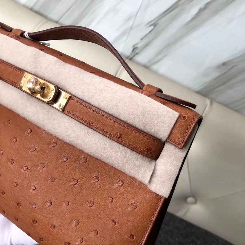 Hermès（爱马仕）Mini kelly pochtte 22cm Ostrich kk 鸵鸟 ck37 金棕色 Gold 金扣 顶级手缝 现货