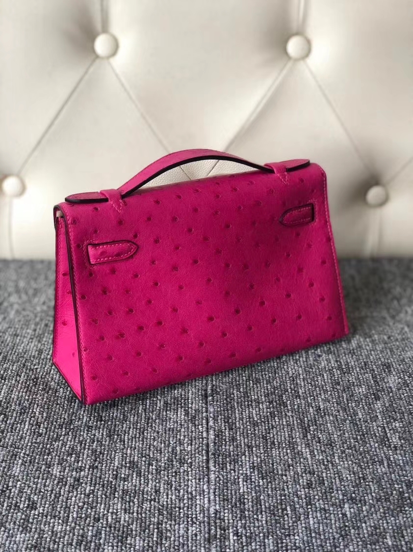 Hermès(爱马仕)Mini kelly pochette 22cm Ostrich kk 鸵鸟 E5 桃粉 银扣 顶级手缝 现货-拉尔森鳄鱼皮具定制 - 爱马仕包包官网 Hermès(爱马仕)Mini kelly pochette 22cm Ostrich kk 鸵鸟 E5 桃粉 银扣 顶级手缝 现货