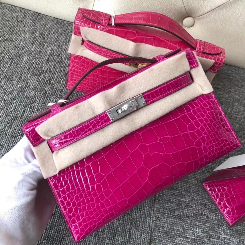 Hermès（爱马仕）Mini kelly pochette 22cm Alligator shiny 亮面鳄鱼 J5 天方夜谭粉紫 银扣