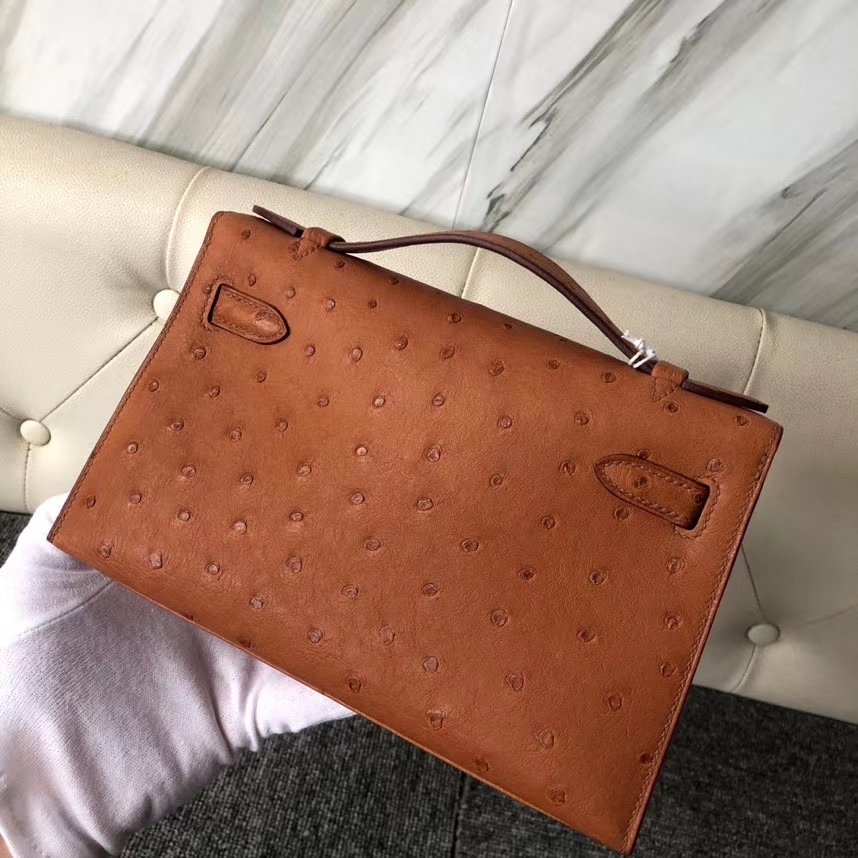 Hermès（爱马仕）Mini kelly pochtte 22cm Ostrich kk 鸵鸟 ck37 金棕色 Gold 金扣 顶级手缝 现货