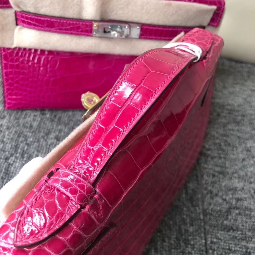 Hermès（爱马仕）Mini kelly pochette 22cm Alligator shiny 亮面鳄鱼 E5 桃红 金扣 现货
