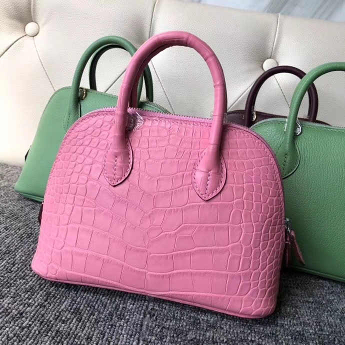 Hermès（爱马仕）Mini Bolide 雾面鳄鱼 樱花粉 顶级手缝 小可爱 现货