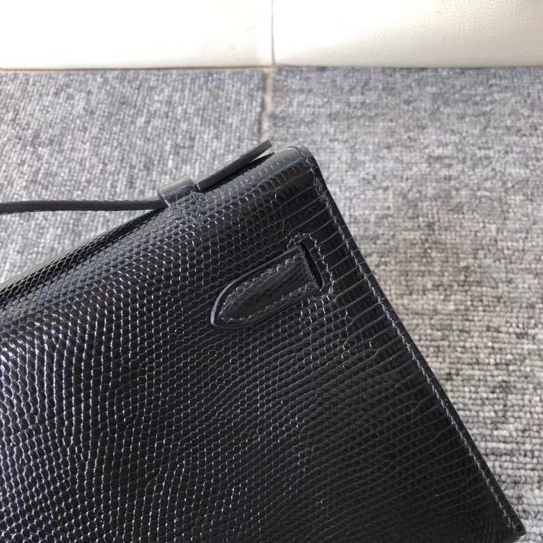 Hermès（爱马仕）Mini kelly pochette 22cm Lizard 进口亮面蜥蜴 ck89 黑色 Noir 银扣 顶级手缝