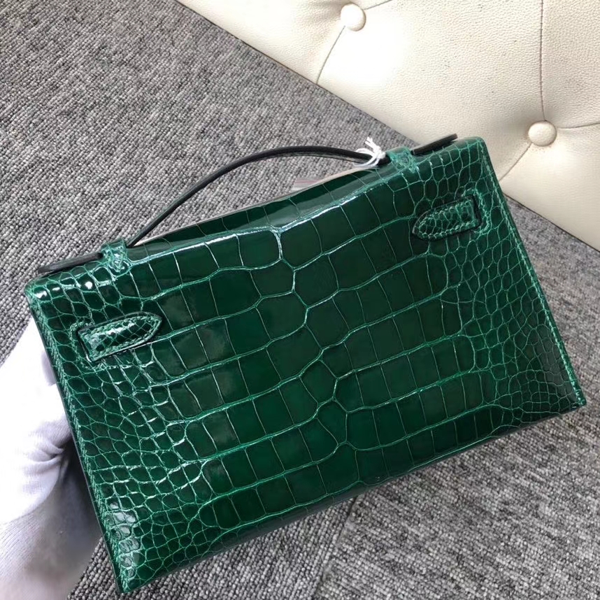 Hermès（爱马仕）Mini kelly pochette 22cm Alligator shiny 亮面鳄鱼 ck67 祖母绿 金扣