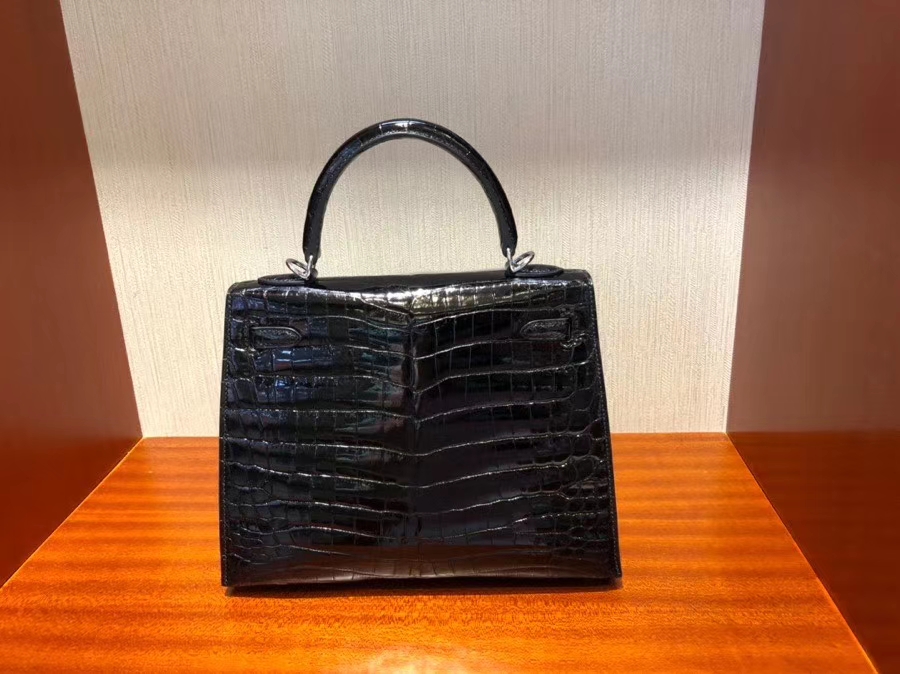 Hermès（爱马仕）Kelly 25cm Crocodile shiny 亮面鳄鱼ck89 黑色 Noir 银扣 现货
