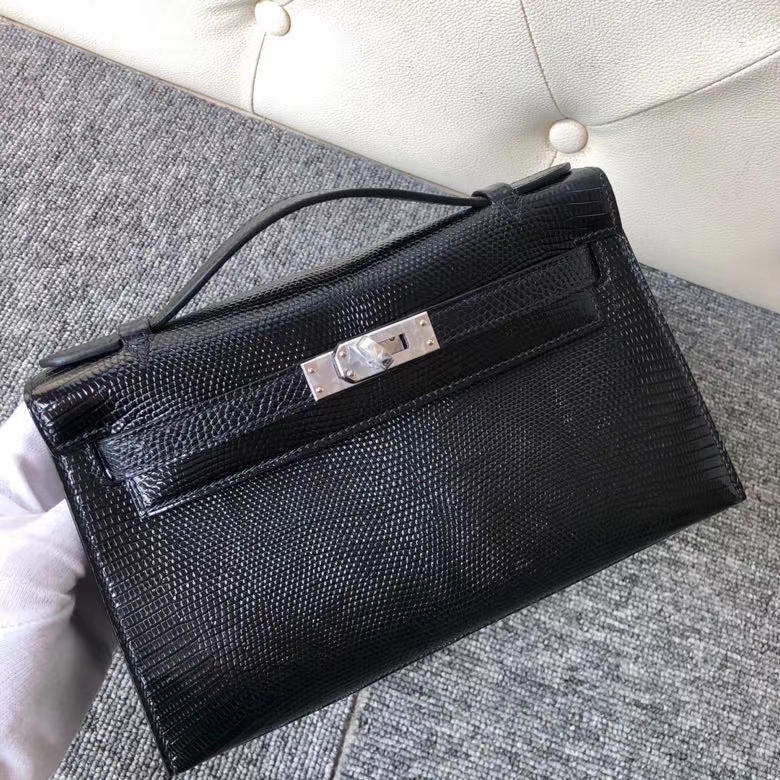 Hermès（爱马仕）Mini kelly pochette 22cm Lizard 进口亮面蜥蜴 ck89 黑色 Noir 银扣 顶级手缝