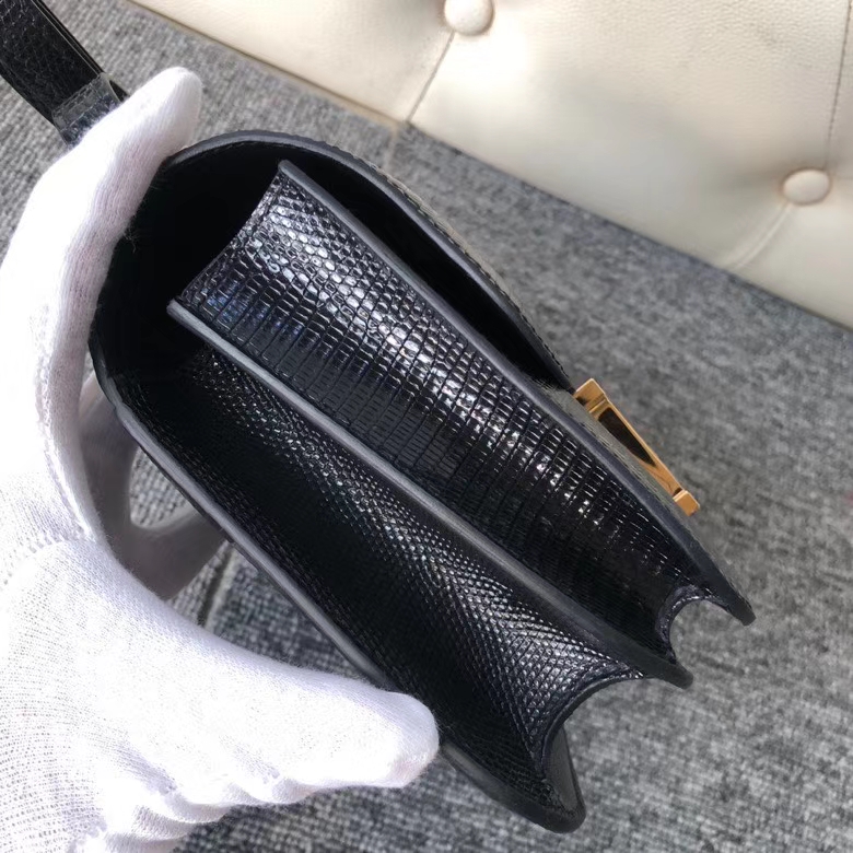 Hermès（爱马仕）Constance18cm Lizard 进口亮面蜥蜴 ck89 黑色 Noir 金扣 顶级手缝 定制