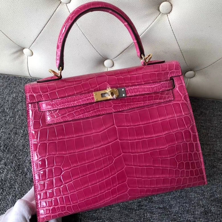 Hermès（爱马仕）Kelly 凯莉包 Crocodile shiny 亮面鳄鱼 J5 天方夜谭粉紫 金扣 25cm 顶级手缝