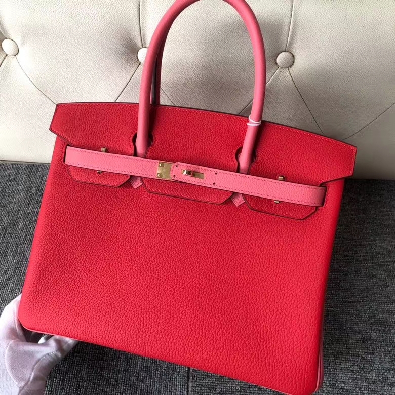 Hermès（爱马仕）Birkin 30cm 原厂小牛皮 S3 心红色 拼 8w 唇膏粉 金扣 马蹄印