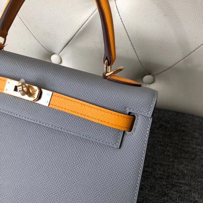Hermès(爱马仕)Kelly 25cm Epsom 原厂掌纹皮 4Z 海鸥灰拼9v 太阳黄 金扣 马蹄印 顶级手缝-拉尔森鳄鱼皮具定制 - 爱马仕包包官网 Hermès(爱马仕)Kelly 25cm Epsom 原厂掌纹皮 4Z 海鸥灰拼9v 太阳黄 金扣 马蹄印 顶级手缝
