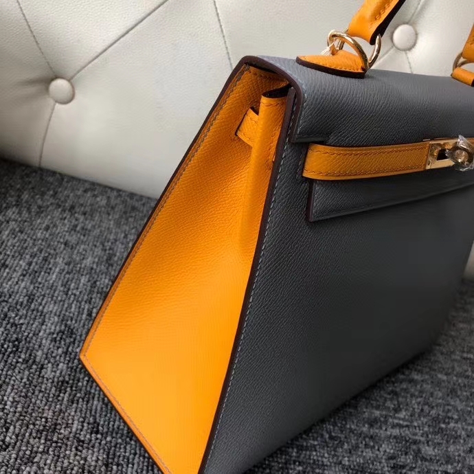 Hermès(爱马仕)Kelly 25cm Epsom 原厂掌纹皮 4Z 海鸥灰拼9v 太阳黄 金扣 马蹄印 顶级手缝-拉尔森鳄鱼皮具定制 - 爱马仕包包官网 Hermès(爱马仕)Kelly 25cm Epsom 原厂掌纹皮 4Z 海鸥灰拼9v 太阳黄 金扣 马蹄印 顶级手缝