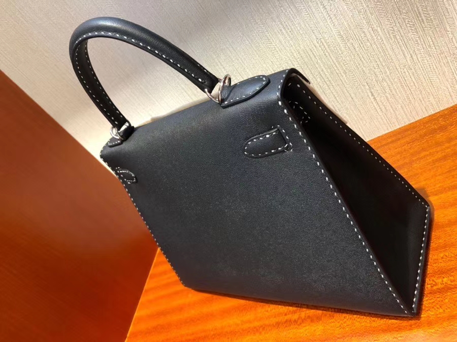 Hermès（爱马仕）限量款 Kelly 新皮种 Graine Monsieur ck89 黑色 Noir 银扣 黑白双线 外缝 28cm
