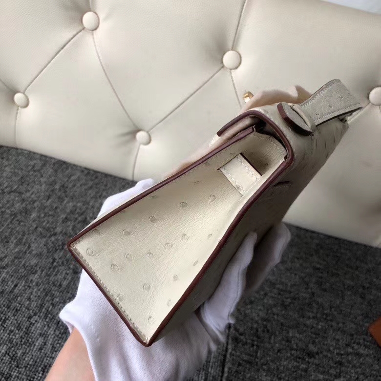 Hermès（爱马仕）Mini kelly pochtte 22cm Ostrich kk 鸵鸟 3C 羊毛白 金扣 顶级手缝 现货